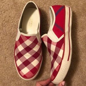 Burberry red white plaid checkered slides sneakers